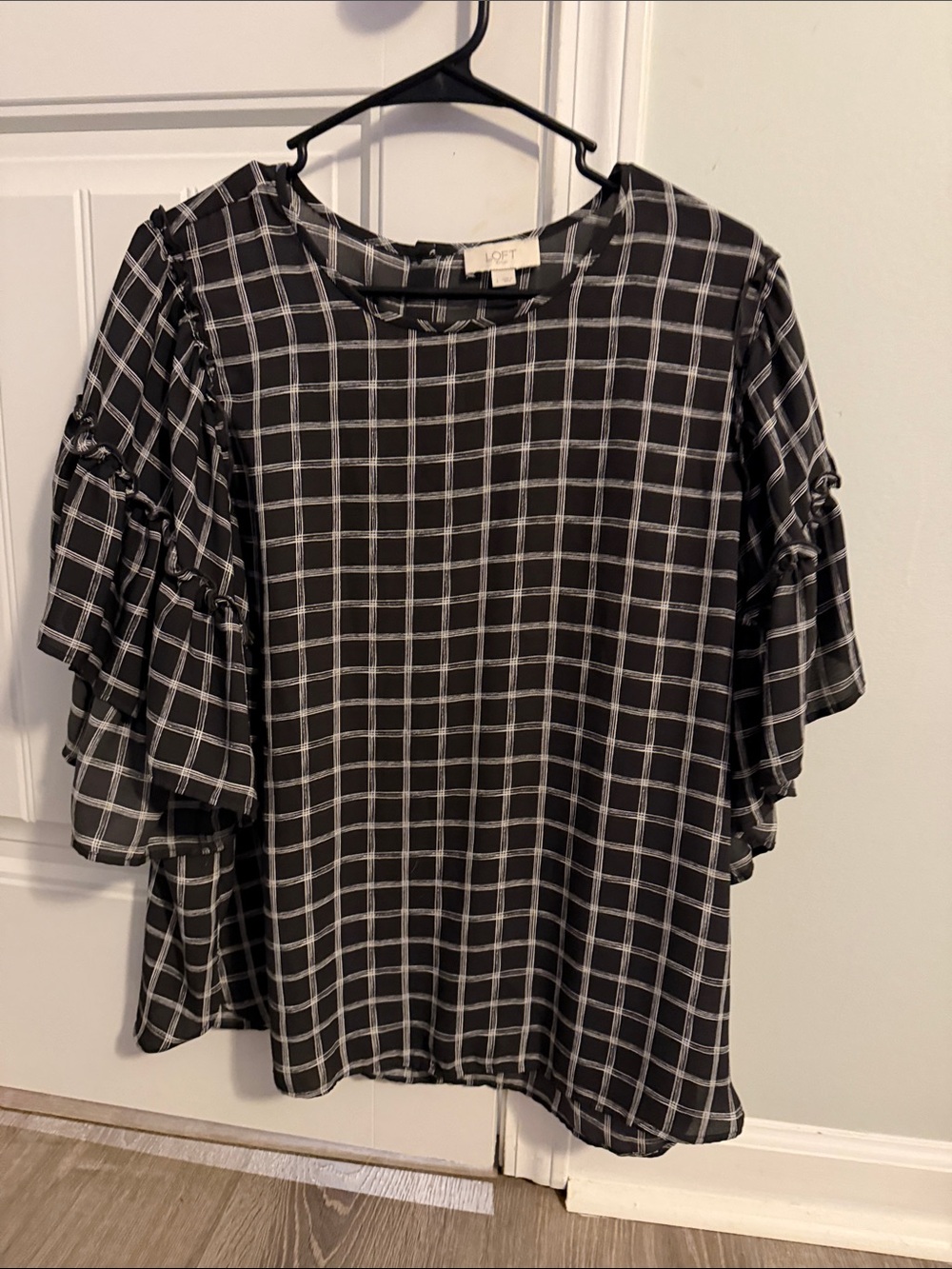 LOFT Black and White Check Tiered Ruffle Sleeve Blouse